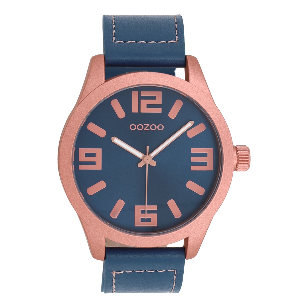 Rose gold coloured OOZOO watch with dark blue leather strap
